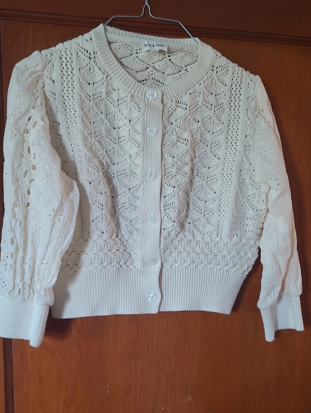 Crochet Knit Button-Front Cardigan in Cream - Aaron And Amber.  Cropped